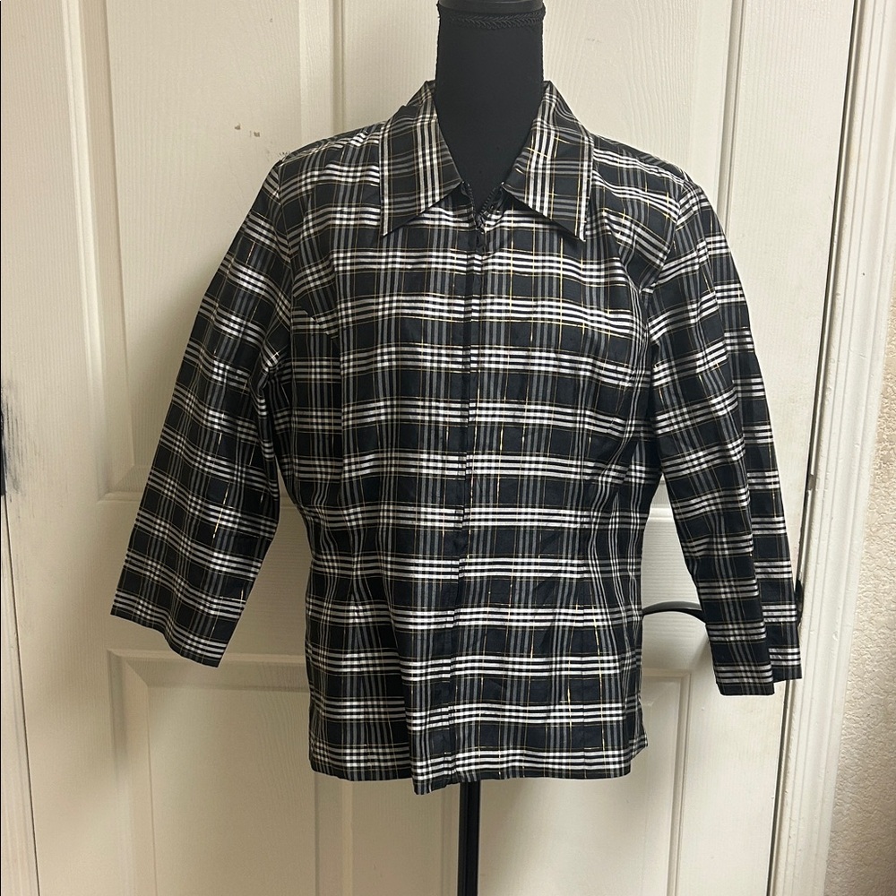 SILKLAND Black and White, Gold Plaid Blouse, 109% Silk, Large, EUC